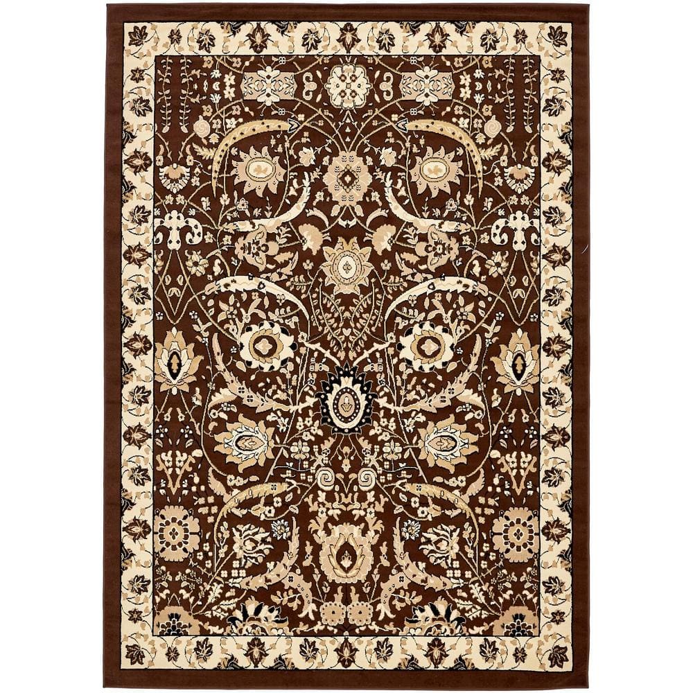 Brown Floral Rectangular Synthetic 7' x 10' Rug