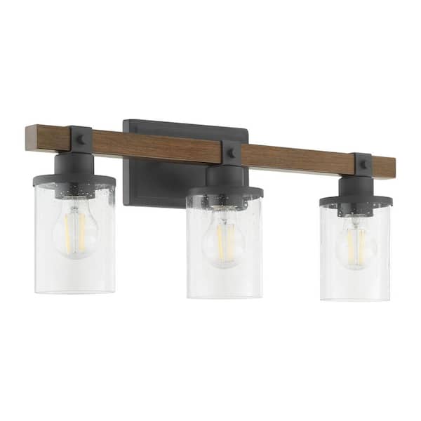 Quorum International 3-Light - 100-Watt Medium Base Lamp Light Vanity  23 in. Width with 2 Clear Seeded Glass Diffusers Textured Black