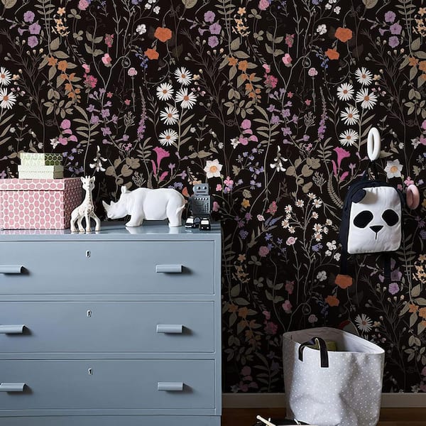 Black Wild Flower Contact Paper Peel and Stick Wallpaper Roll