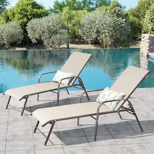 2-Piece Aluminum Adjustable Outdoor Chaise Lounge in New Beige with Armrests