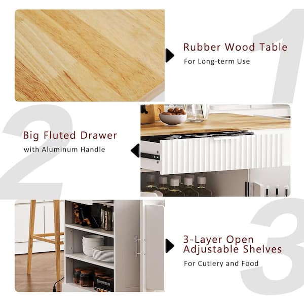 White Wood Rolling Kitchen Island Bar Cart with 10 Gal. Trash Can