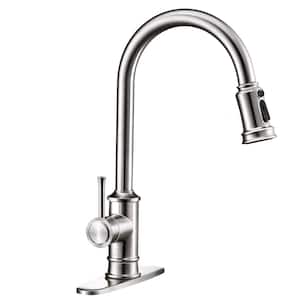 Single-Handle 3 Ways Setting Gooseneck Pull Out Sprayer Kitchen Faucet with Deckplate Included in Brushed Nickel