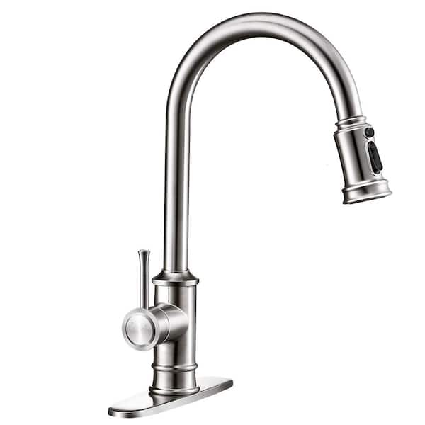 Tahanbath Single-Handle 3 Ways Setting Gooseneck Pull Out Sprayer Kitchen Faucet with Deckplate Included in Brushed Nickel