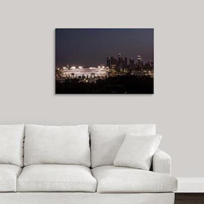 "Dodger Stadium and LA skyline Lit Up at Night" by Circle Capture Canvas Wall Art