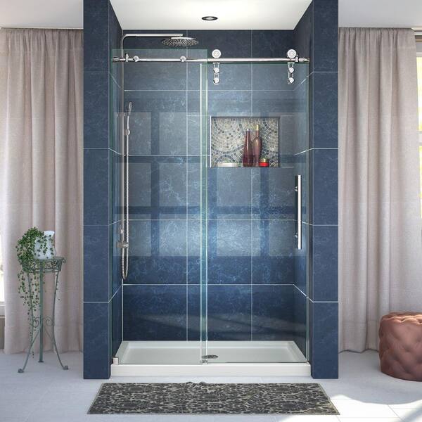 DreamLine Enigma-Z 36 in. x 48 in. x 78.75 in. Frameless Sliding Shower Door in Polished Stainless Steel and Center Drain Base