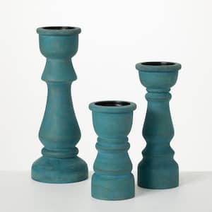 13.25", 10", and 7.5" Turquoise Wood Pillar Candle Holders (Set of 3)