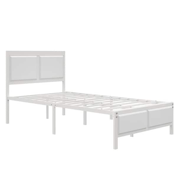 Metal Bed Frame White Metal Frame Twin Size Platform Bed with Rustic Country Style Wooden Headboard and Footboard