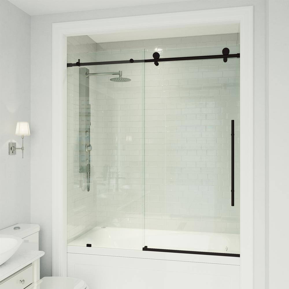 Matte Black Frameless Sliding Tub Door with Clear Glass