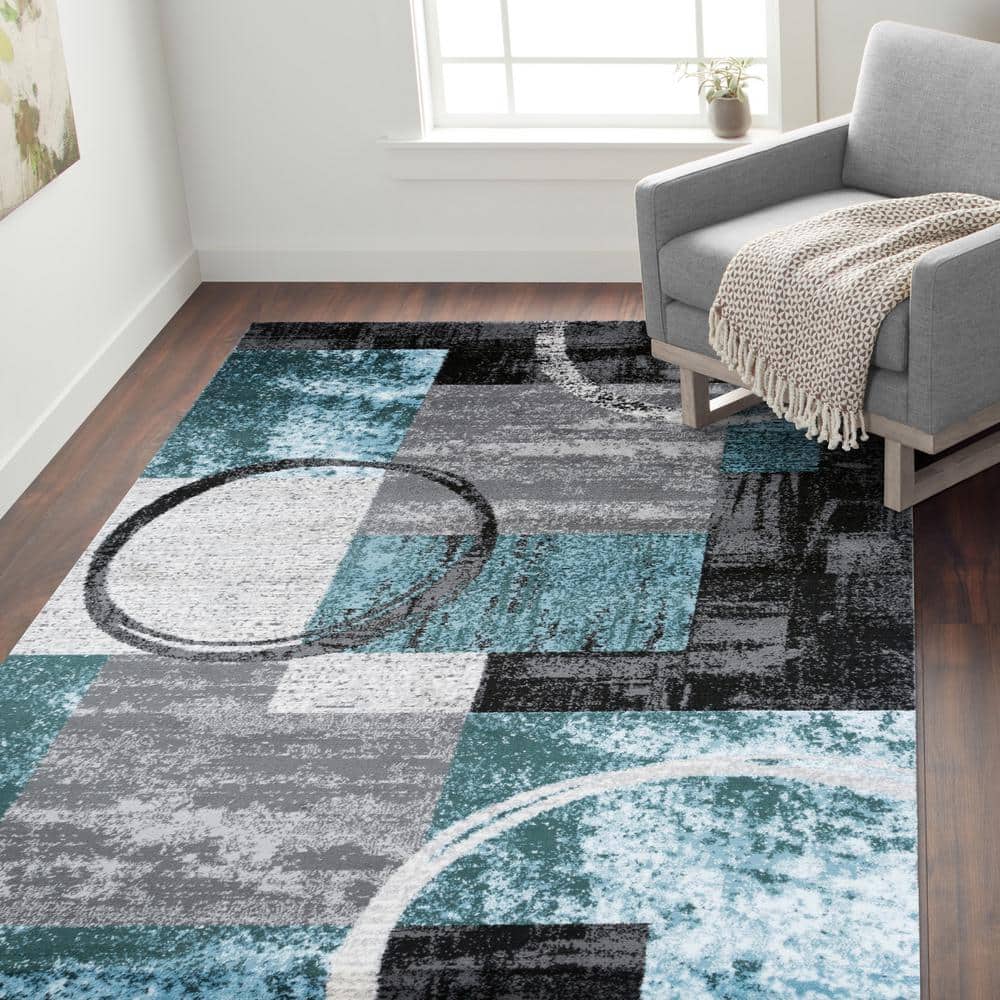 Gray and Teal Abstract Geometric Easy Care Area Rug