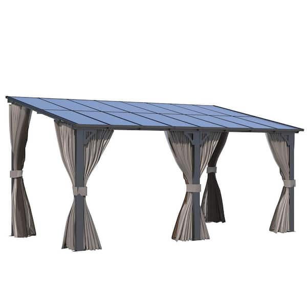 16 ft. x 8 ft. Outdoor Hard Top Gazebo for Patio, Large Wall-Mounted Lean to Pergola with Curtains and Netting