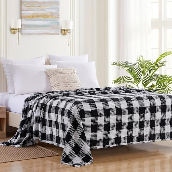 Sweet Home Collection Buffalo Plaid Cotton Blend Blanket, King, Black and White