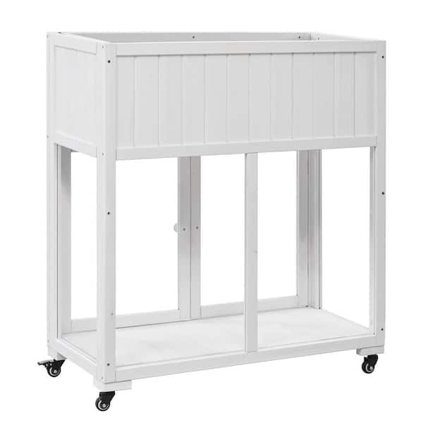 17.7 in. W x 37.4 in. H White Fir Wood Potting Table, Compact 2 Doors Garden Greenhouse with Wheels