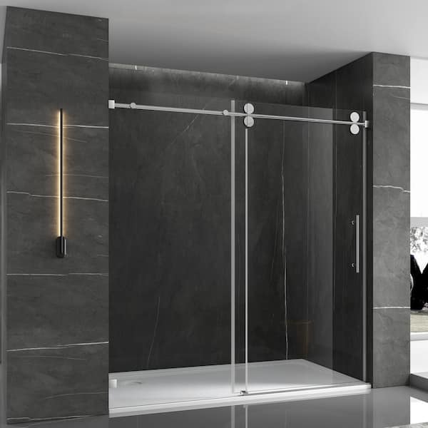 EPOWP 60 in. W x 66 in. H Single Sliding Frameless Shower Door in Chrome with Clear Glass