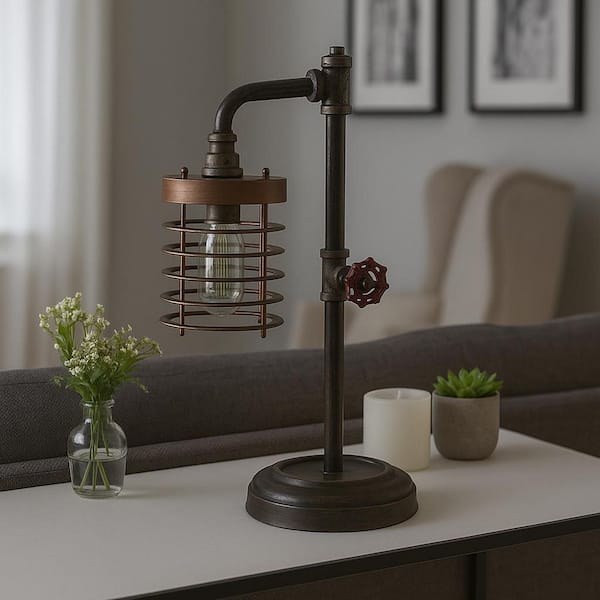 18 in. Brown Metal Lantern Traditional Pipe Bo Table Lamp
