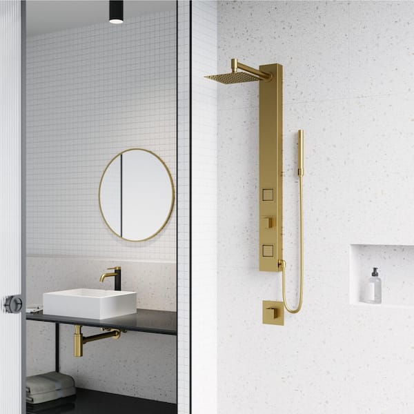 Orchid 39 in. H x 4 in. W 2-Jet Shower Panel System with Square Head and Hand Shower Wand in Matte Brushed Gold