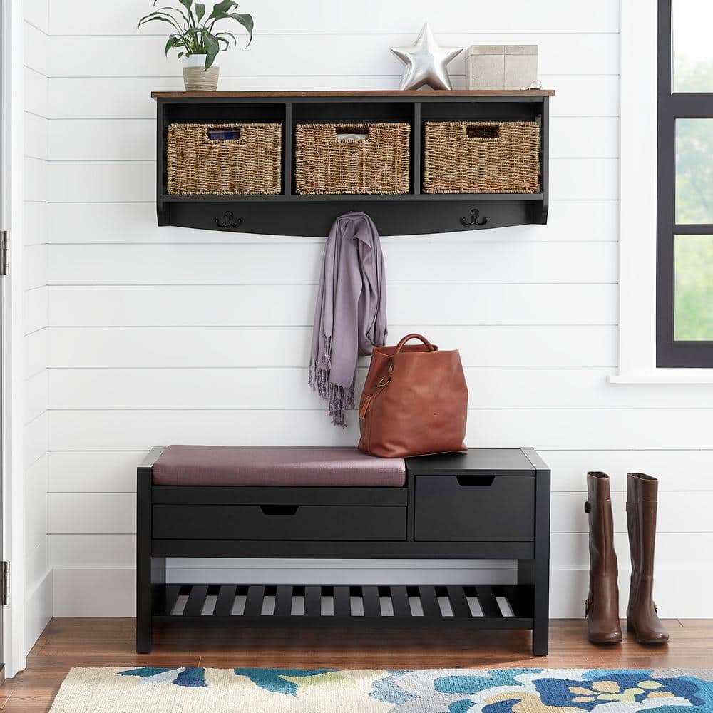 Home Decorators Collection 9.2 in. H x 40 in. W x 8.7 in. D Black Wood  Floating Decorative Cubby Wall Shelf with Hooks and Baskets SK19434AR1-B -  The Home Depot