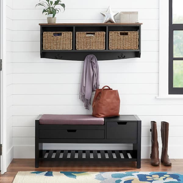 Home Decorators Collection 9.7 in. H x 40 in. W x 9.5 in. D Black and  Walnut Wood Floating Decorative Cubby Wall Shelf with Hooks and Baskets  SK19434BR1-B - The Home Depot