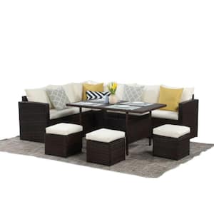 Ivory Wicker Outdoor/Indoor Rattan Patio Dining Sectional with Cushions Sofa Set