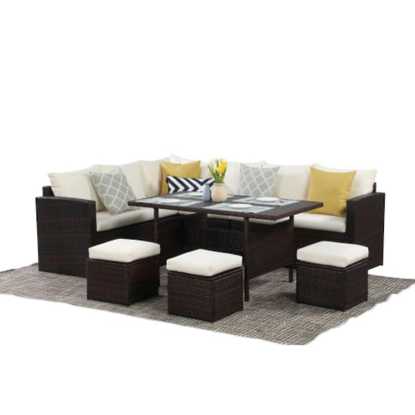 ITOPFOX Ivory Wicker Outdoor/Indoor Rattan Patio Dining Sectional with Cushions Sofa Set