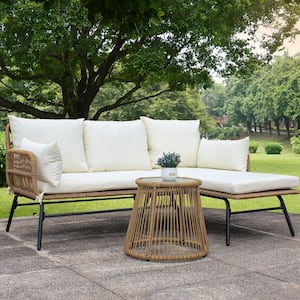 3-Piece PE Wicker Outdoor Sofa Sectional Set with Beige Cushion