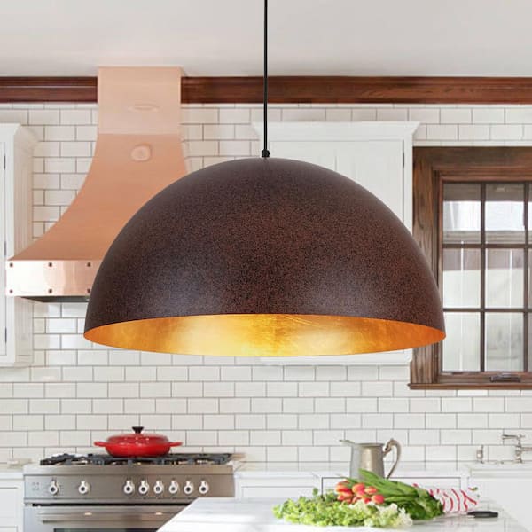 PCover 1-Light 23.6 in.W Rust Copper Modern Farmhouse Industrial Metal Dome Pendant Light for Kitchen