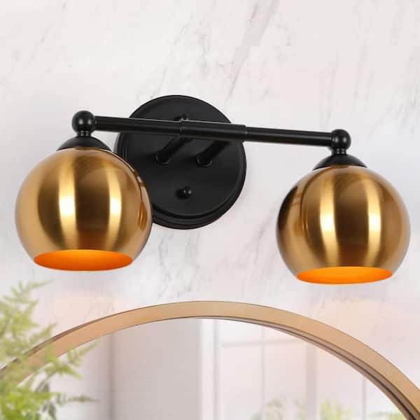 Transitional 14.5 in. 2-Light Brass-Plated Bathroom Vanity Light, Industrial Black Wall Sconce with Globe Metal Shade