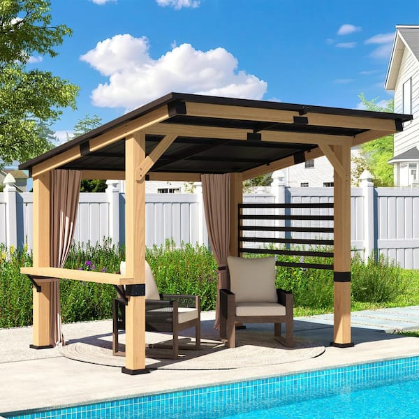 10 ft. x 11 ft. Cedar Wood Outdoor Gazebo with Steel Roof and Privacy Curtains