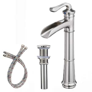 Single Handle Waterfall Single Hole Bathroom Vessel Sink Faucet with Pop-Up Drain Assembly in Brushed Nickel