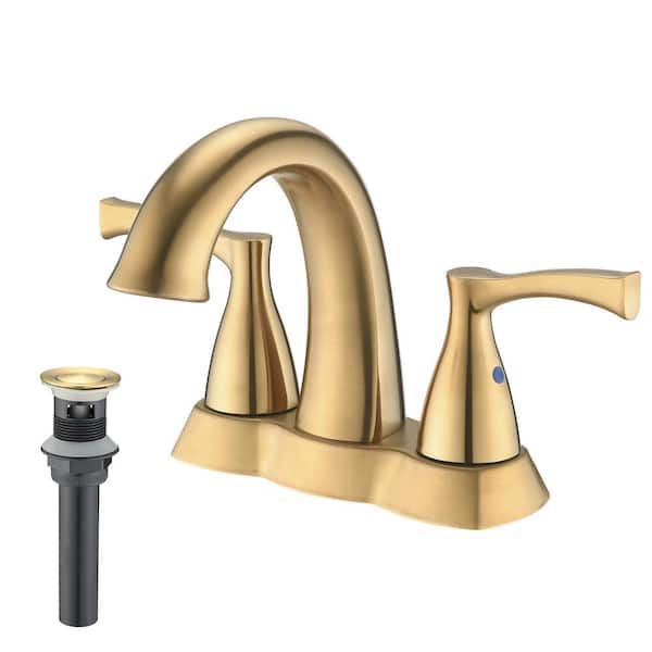 FLG 4 in. Centerset Double Handle High Arc Bathroom Faucet with Drain Kit Included Brass Sink Basin Faucets in Brushed Gold