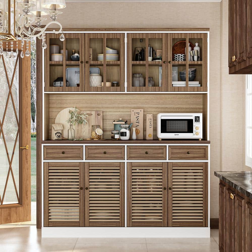 FUFU GAGA Brown Wood 61.3 in. W Sideboard Buffet Hutch Kitchen Cabinet Food Pantry with Louvered Doors and Adjustable Shelves