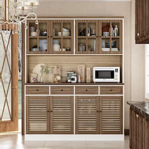 Brown Wood 61.3 in. W Sideboard Buffet Hutch Kitchen Cabinet Food Pantry With Louvered Doors and Adjustable Shelves
