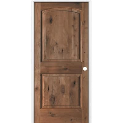 18 in. x 80 in. Rustic 2-Panel Arch Top Left-Hand True Black Stain Knotty Alder Wood Single Prehung Interior Door