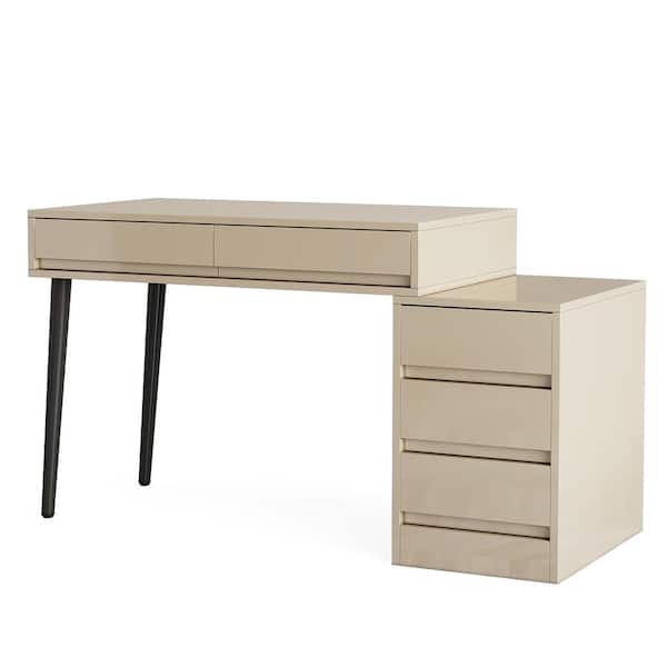 Halseey 55 in. Rectangular Walnut Wood 5-Drawer Computer Desk with Printer Stand Reversible Home Office Desk