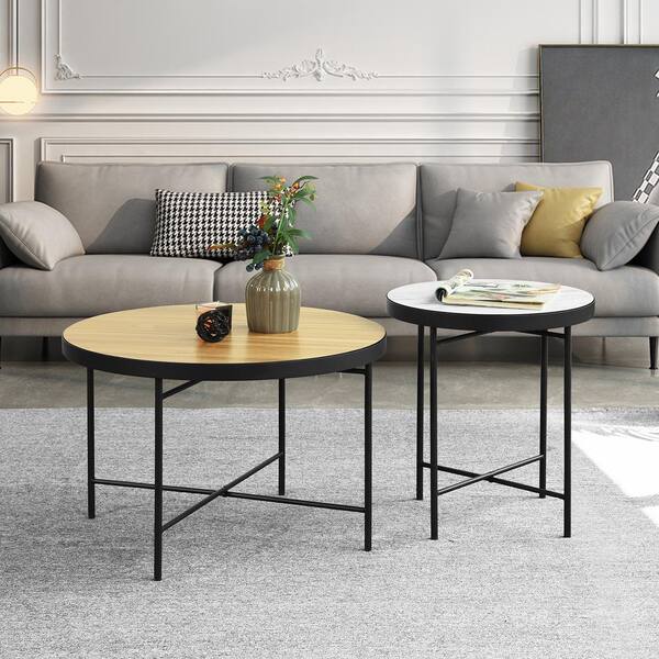 Homy Casa Marks 27.6 in. Light Brown Round Manuefactured Wood Table Top Reversable 2-Tone Coffee Table Set with 2-Piece