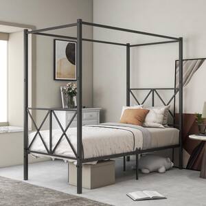 39.76 in Black Metal Frame Twin Canopy Bed with X Shaped Frame