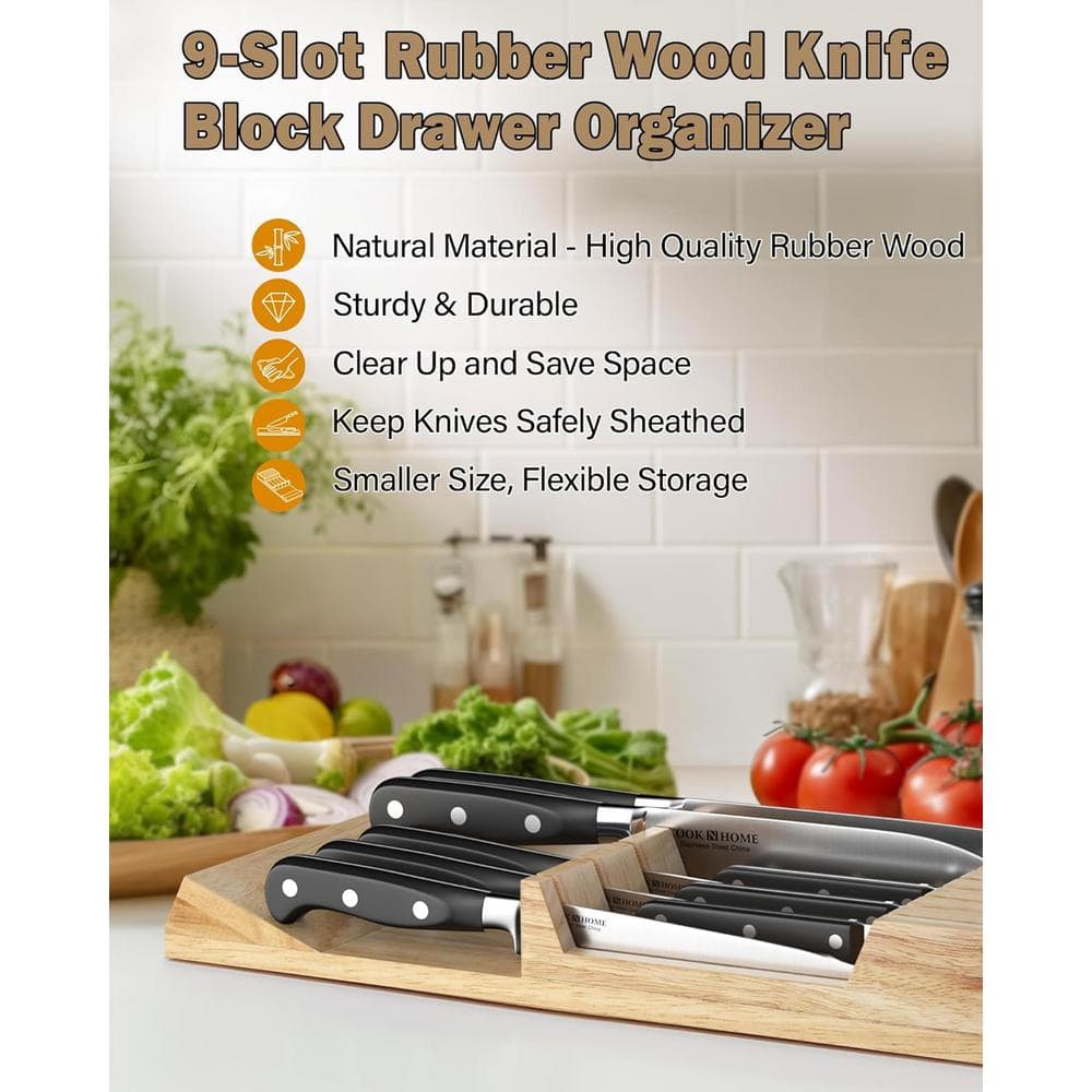 Natural Rubber Wood 9-Slot In-Drawer Knife Organizer