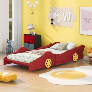 Red Twin Size Race Car-Shaped Platform Bed with Wheels