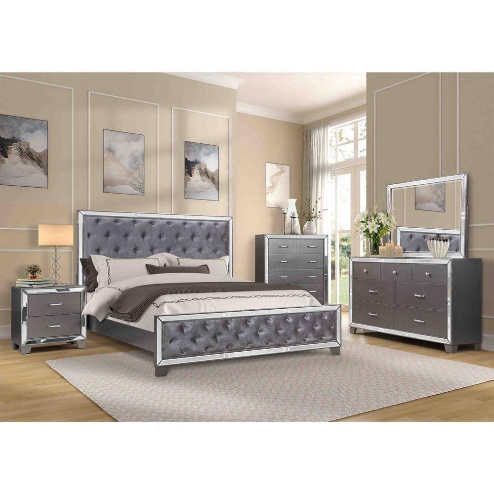 Sedona Silver Queen Upholstered Wood Bed with Tufted Headboard