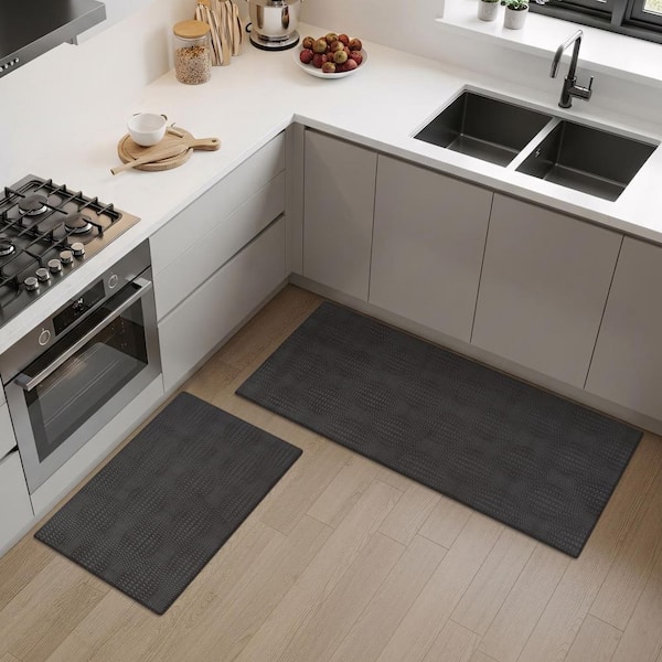 Harmony 2 x 3 ft. and 2 x 7 ft. 2-Pieces Dark Grey Non-Slip Rubber Back Washable Polyester Wave Accent, Runner Rug Set