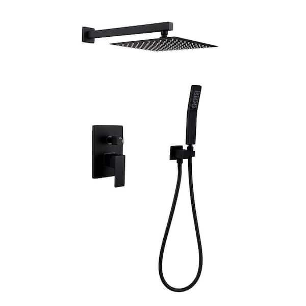 PERLIRIA INC Square Single Handle 10 in. 2-Spray Shower Faucet with Hand Shower, Wall Mount 1.5 GPM with Drip Free in. Matte Black