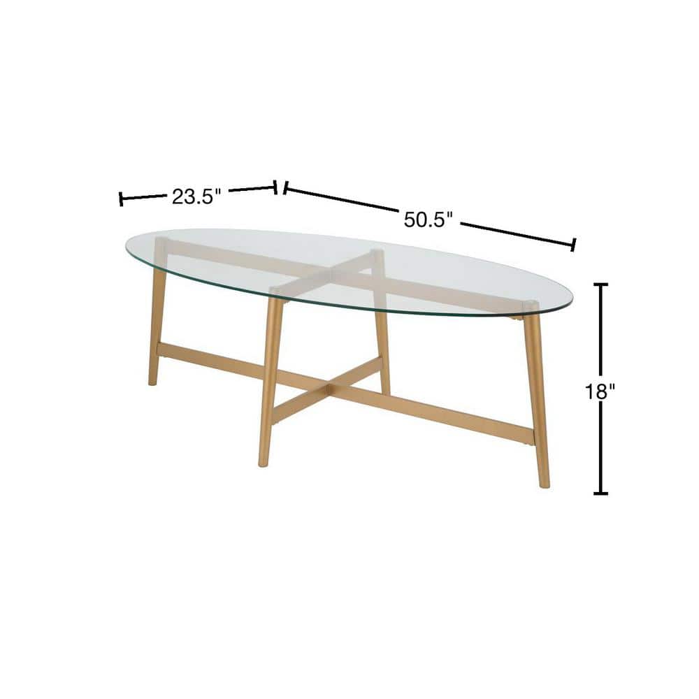 Elliptical Brass and Glass X-Base Coffee Table