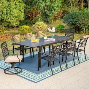 9-Piece Metal Outdoor Dining Set with Extensible Carve Pattern Table and Elegant Swivel Chairs with Beige Cushions