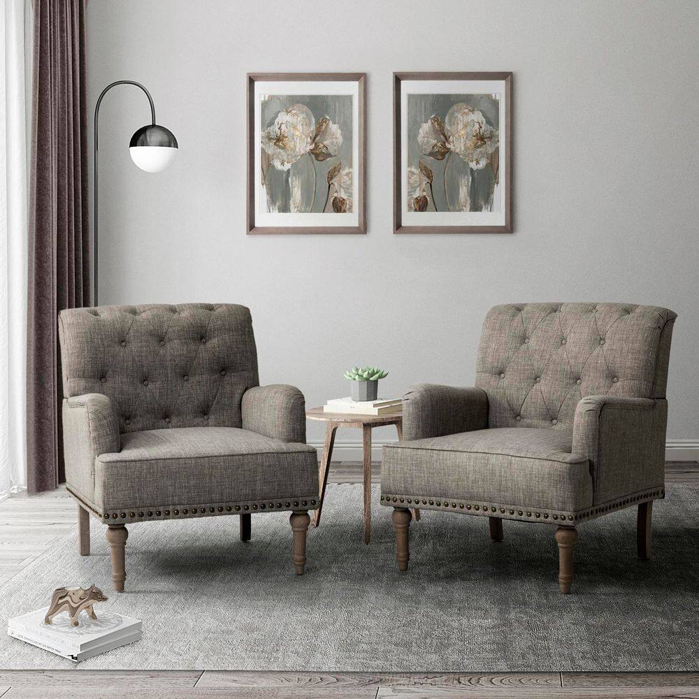 Gray Tufted Polyester Accent Chair with Nailhead Trim and Wooden Legs
