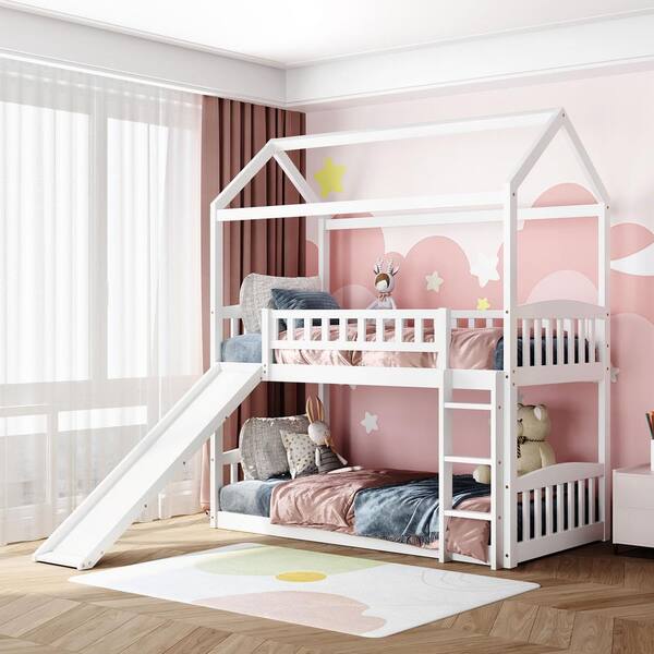 GOJANE White Twin Over Twin House Bunk Bed with Slide