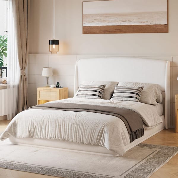 Kaden Beige Wood Frame Linen Upholstered Queen Size Platform Bed with Wingback Headboard
