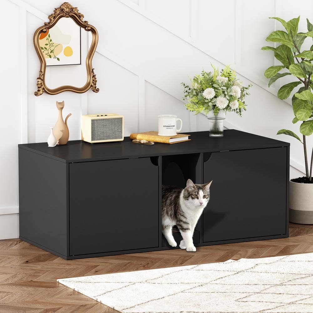 Wooden Hidden Cat Litter Box Enclosure Furniture, Indoor Cat Washroom End Table with Double Room and Litter Catch, Black price history on PriceWatchPro