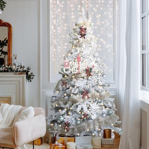 6.5 ft. Pre-lit Christmas Tree Artificial Flocked with Warm White Lights, White