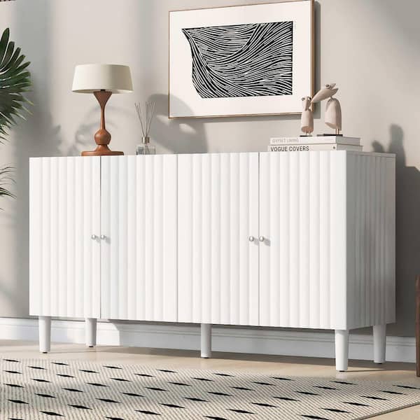 White Wood 58.1 in. Sideboards with 4-Doors, Cylindrical Legs and Sleek Metal Handles Ideal for Dining Table Area