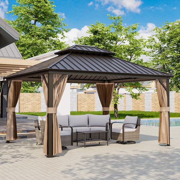 14 ft. x 12 ft. Hardtop Gazebo with Aluminum Frame, Galvanized Steel Double Roof Gazebo with Netting and Curtains, Brown