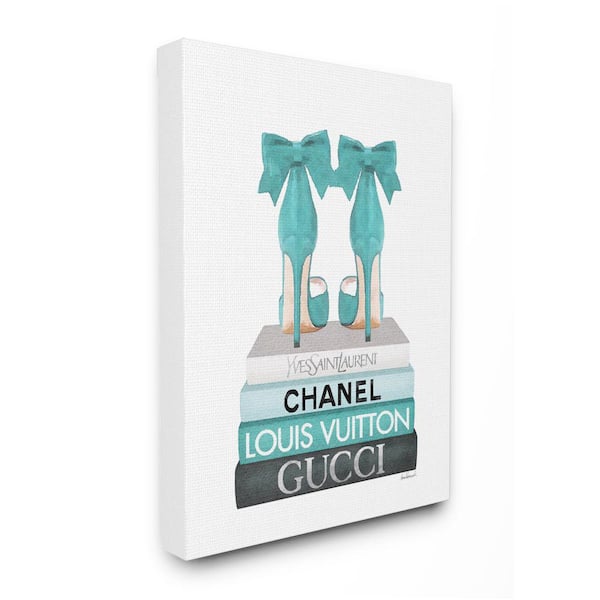 Turquoise Bow Heels on Books Women's Fashion By Amanda Greenwood Unframed Print Abstract Wall Art 30 in. x 40 in.